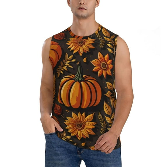 Kdxio Autumn Pumpkin Leaves for Men's Muscle T-shirt,Sleeveless for Workout Running Athletic Gym Lounge Casual