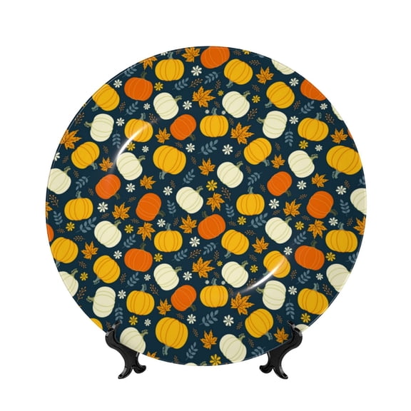 Kdxio Autumn Pumpkin Maple Leaf Plants Bone China Decorative Plate Ceramic Decorative Plate for Home Office Wall Stand Decorative Plates for Home Bedroom-8in