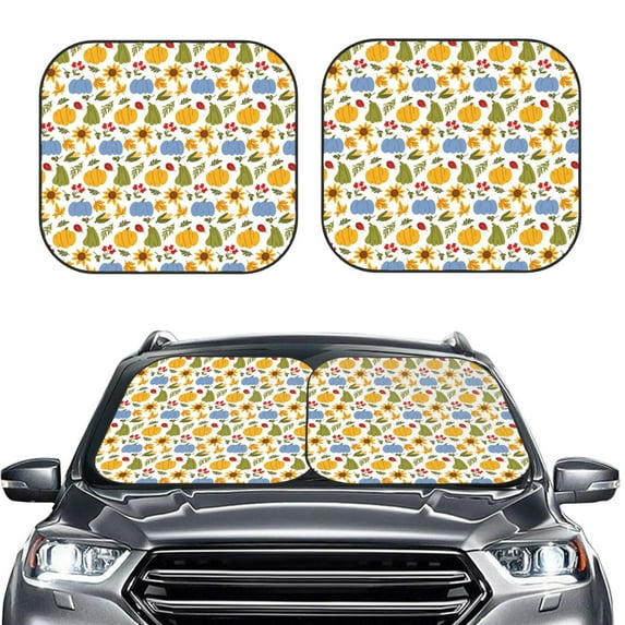 Kdxio Autumn Pumpkins Blooms Print 2-Piece Sun Shade Front Windshield - Foldable Car Front Window Sunshades for Most Sedans SUV Truck