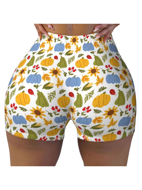 Autumn Pumpkins Blooms Print Workout Shorts for Women Seamless Soft Smooth Gym Yoga Scrunch Active Shorts