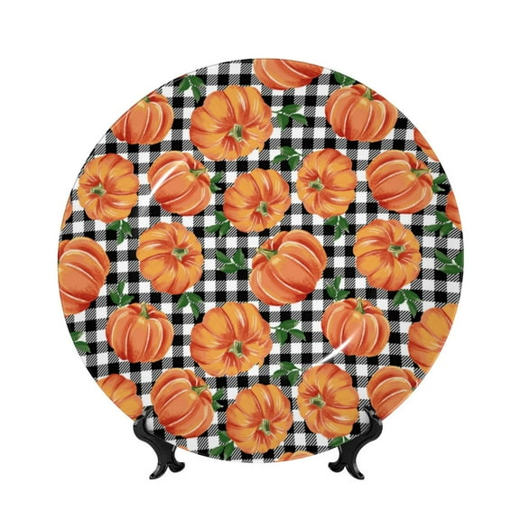 Kdxio Autumn Pumpkins Gingham Bone China Decorative Plate Ceramic Decorative Plate for Home Office Wall Stand Decorative Plates for Home Bedroom-8in