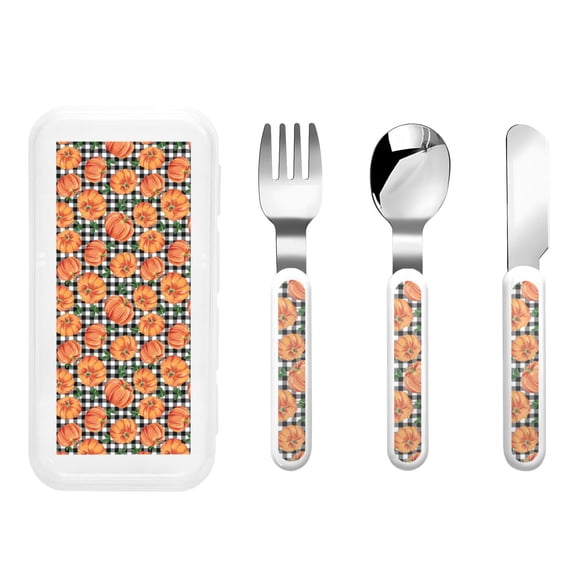 Kdxio Autumn Pumpkins Gingham Toddler Utensils Set - Kids Silverware Set, Set Kids Utensils Set with Case for Preschooler Children
