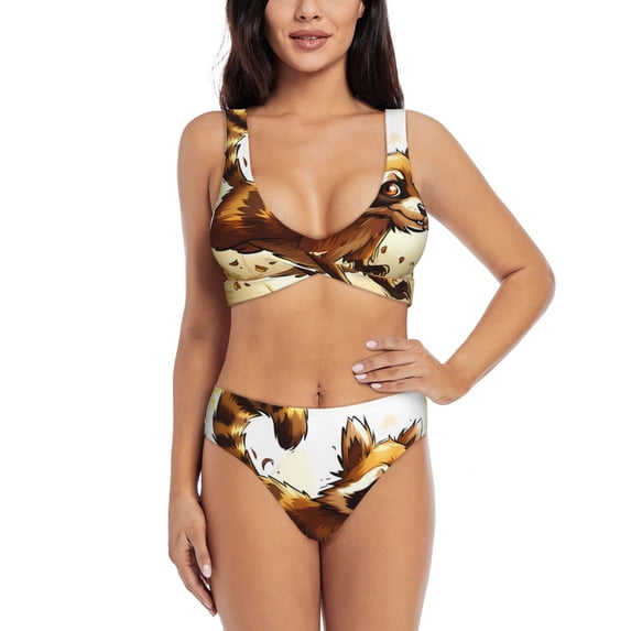 Kdxio Autumn Raccoon In Forest Print Women's 2 Piece High Waisted Wrap Spaghetti Strap Summer Swimsuit Bikini Set-Medium