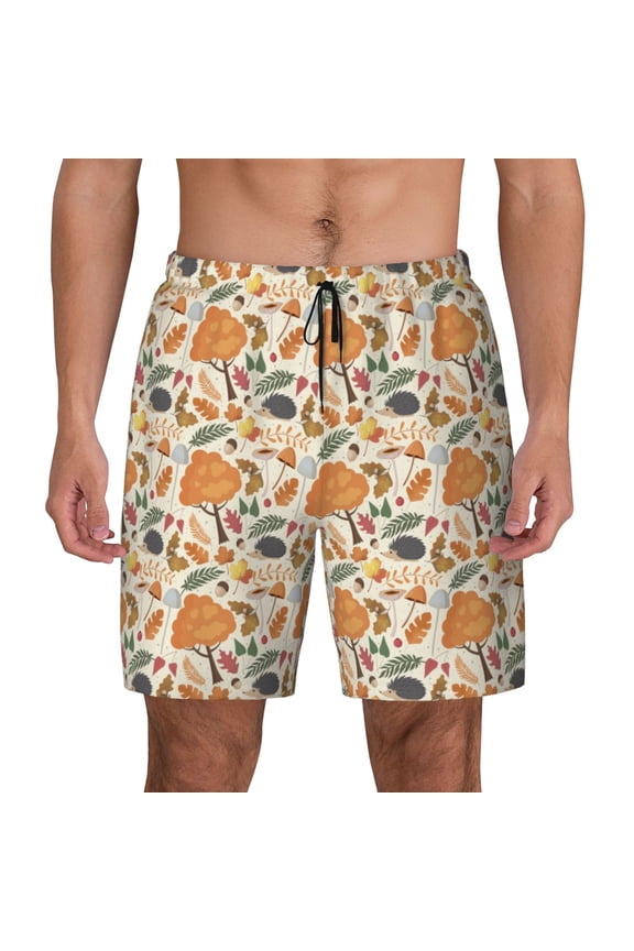 Autumn With Hedgehog Print Men's Swim Trunks with Compression Liner 7 Inch Inseam Quick Dry Swim Shorts