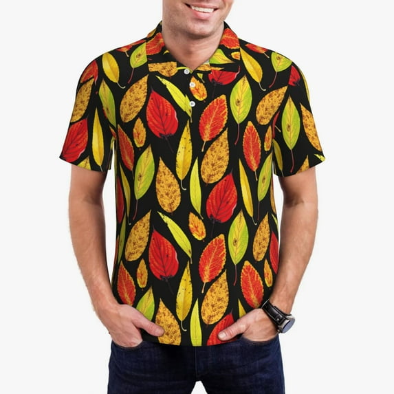 Kdxio Autumn With Leaves Print Men's Short Sleeve Polo Shirt,Midweight Men's Shirt-Small