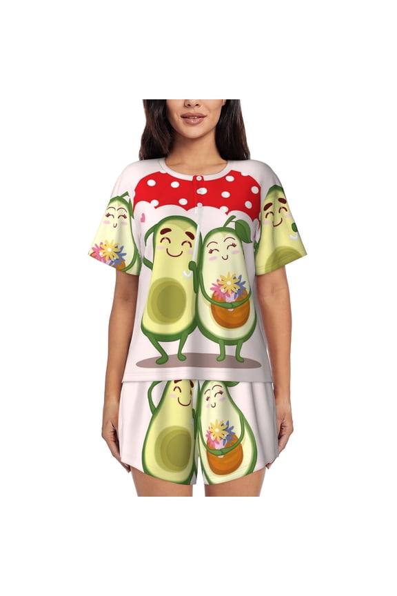 Avocado Lovers Wearing Umbrella Print Pajamas Sets for Women Short-Sleeved Pjs with Lounge Shorts Two Piece Sleepwear S-4XL