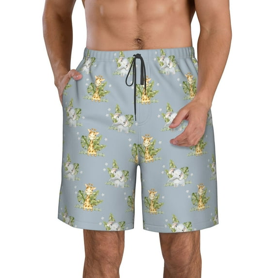 Kdxio Baby Elephant Giraffe Pattern Mens Casual Shorts - Drawstring Summer Beach Sports Shorts for Men