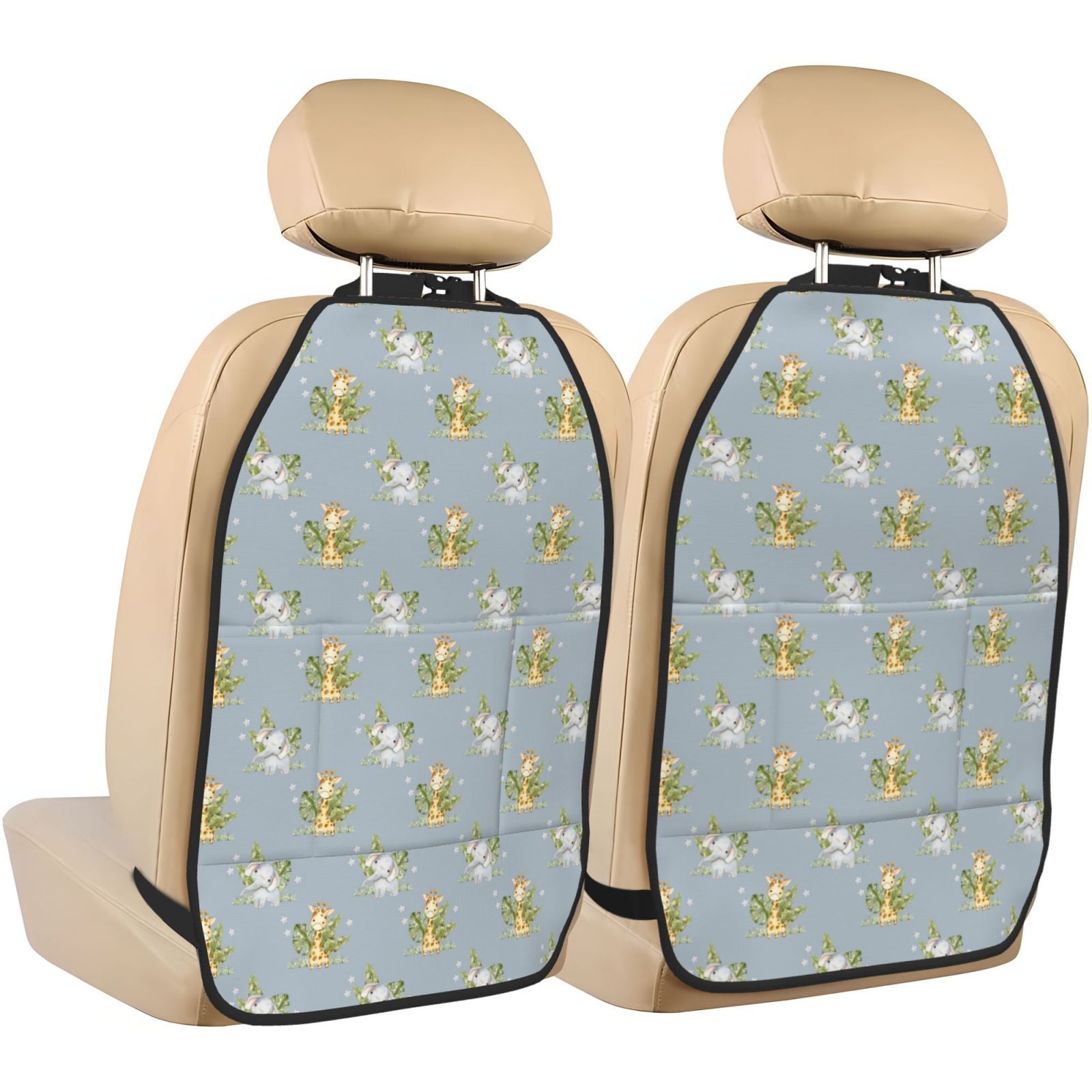 Kdxio Baby Elephant Giraffe Print 2 Pack Car Kick Mat Seat Cover Back Protector Mat with Pockets for Organizer Backseat Protector and Storage Anti Kick Pad for Vehicles