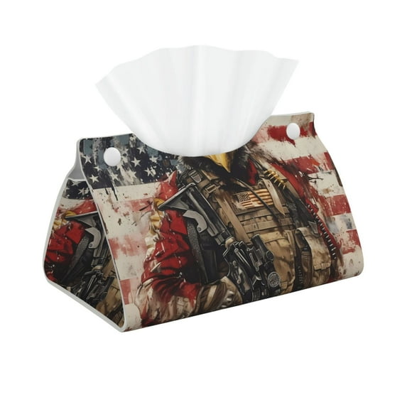 Kdxio Bald Eagle Soldier Print Tissue Box Cover,Modern PU Leather Rectangular Tissue Box Holder for Bathroom Living Room Bedroom Office Desk Car Home