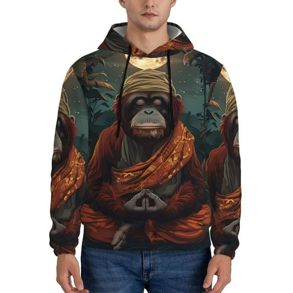 Kdxio Banana Leaf Meditating Gorilla Print Mens Casual Hooded Collar Drawstring Hoodies Pullover Sweatshirts Casual Long Sleeve Shirts-X-Large