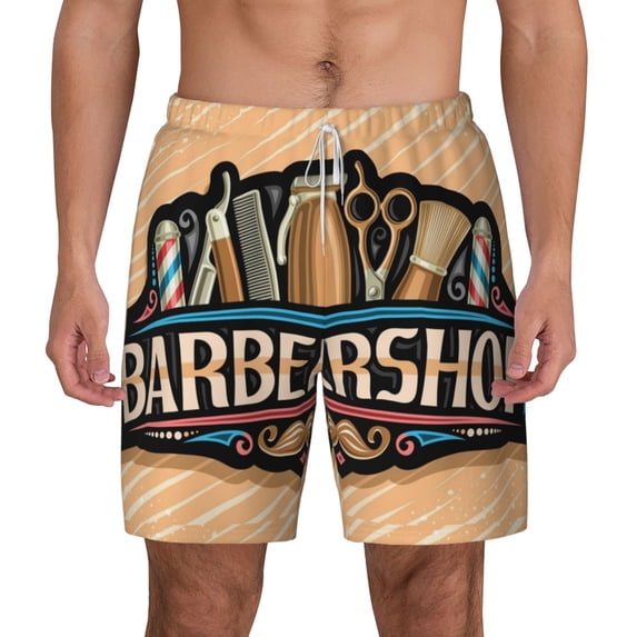 Kdxio Barbershop Print Men'S Swim Trunks With Compression Liner 7 Inch Inseam Quick Dry Swim Shorts