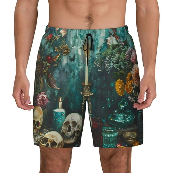 Kdxio Baroque Floral Still Life Print Men's Swim Trunks with Compression Liner 7 Inch Inseam Quick Dry Swim Shorts