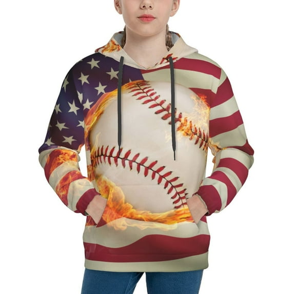 Kdxio Baseball Ball With Flag Pattern Boys Athletic Unisex Boys Girls Hoodie with Pocket Sweatshirts-Small