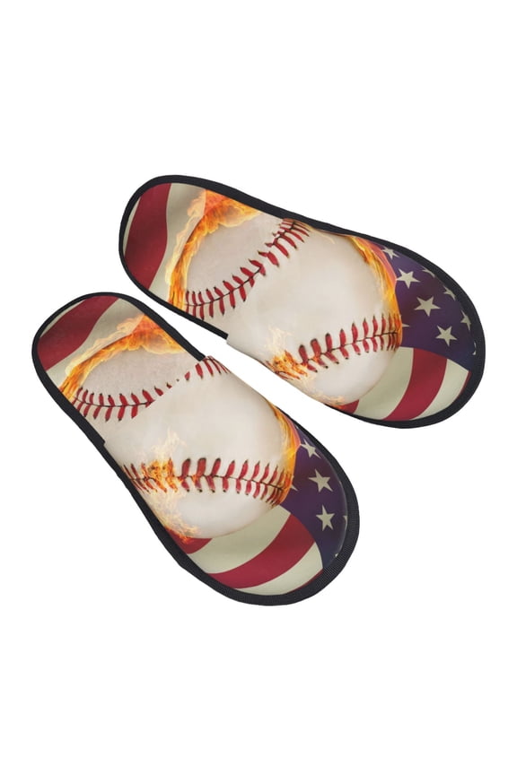 Baseball Ball With Flag Pattern Slippers for Women Memory Foam Fuzzy House Slippers Bedroom Non-slip Warm Womens Slippers