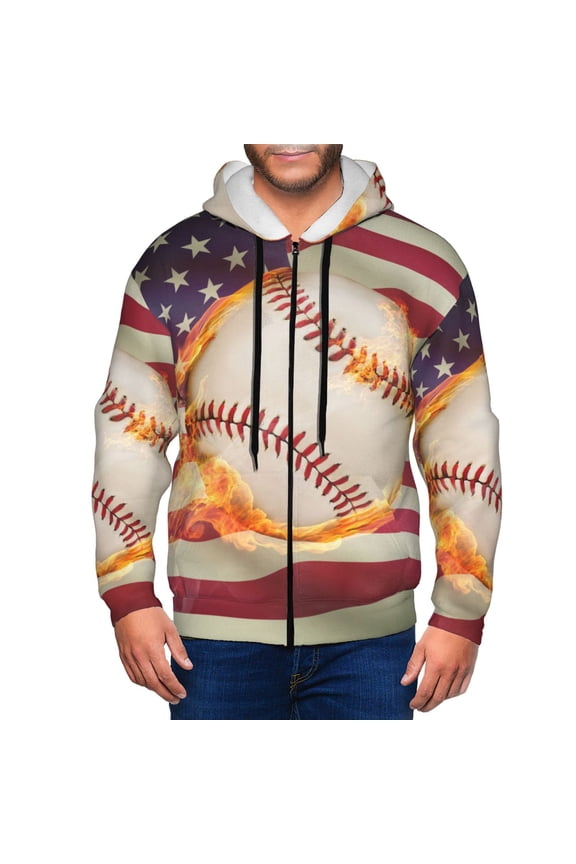 Baseball Ball With Flag Print Men Hoodies Casual Hoodies for Men with Zip Pockets Full Zip Long Sleeve Sweatshirt Sports Hooded Jacket-X-Large