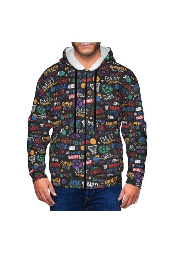 Basketball Print Men Hoodies Casual Hoodies for Men with Zip Pockets Full Zip Long Sleeve Sweatshirt Sports Hooded Jacket-Small