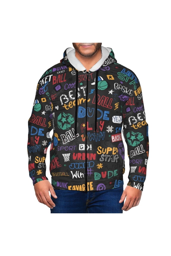 Basketball Print Men Hoodies Casual Hoodies for Men with Zip Pockets Full Zip Long Sleeve Sweatshirt Sports Hooded Jacket-XX-Large