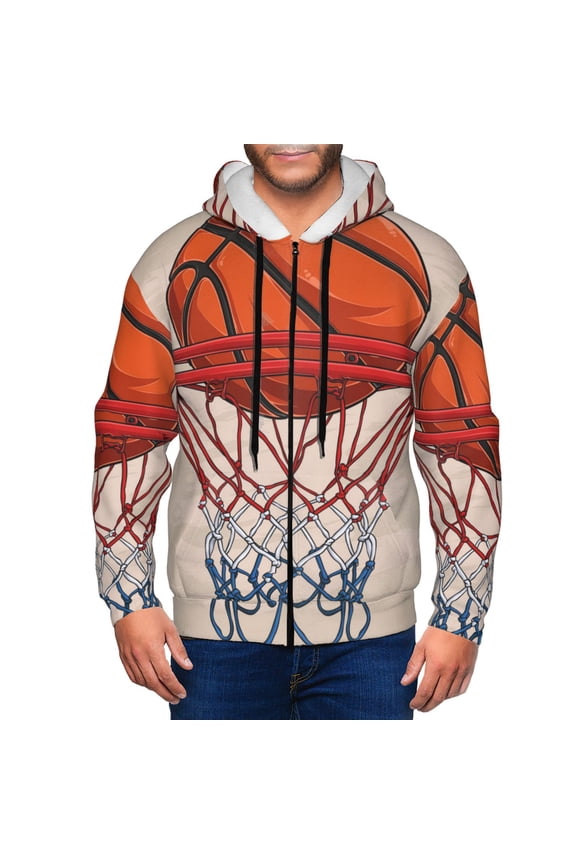 Basketball Shot Print Men Hoodies Casual Hoodies for Men with Zip Pockets Full Zip Long Sleeve Sweatshirt Sports Hooded Jacket-Medium