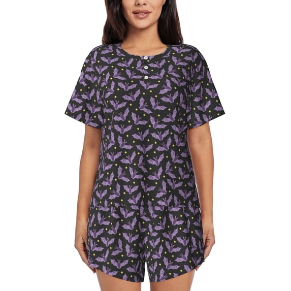 Kdxio Bat Purple Print Pajamas Sets for Women Short-Sleeved Pjs with Lounge Shorts Two Piece Sleepwear S-4XL