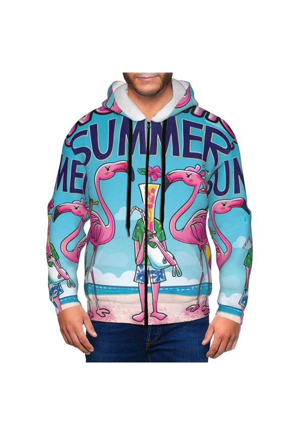 Beach Flamingo Trio Print Men Hoodies Casual Hoodies for Men with Zip Pockets Full Zip Long Sleeve Sweatshirt Sports Hooded Jacket-Small