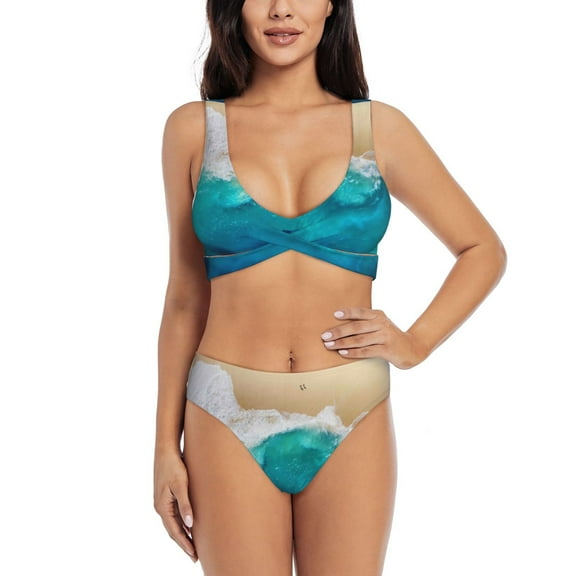 Kdxio Beach Print Women's 2 Piece High Waisted Wrap Spaghetti Strap Summer Swimsuit Bikini Set-XX-Large