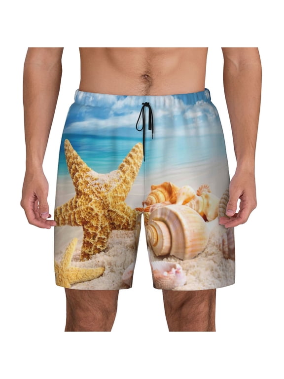 Beach Starfish Shell Print Men'S Swim Trunks With Compression Liner 7 Inch Inseam Quick Dry Swim Shorts