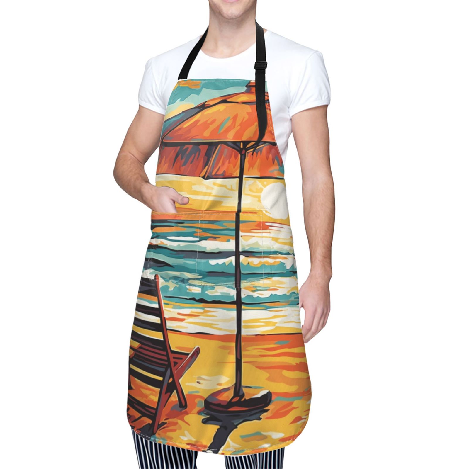Kdxio Beach Umbrella Sunset Apron with Pockets Adjustable Kitchen Aprons for Men Women Waterproof Aprons for Cooking,Drawing,Crafting, Baking Household Cleaning