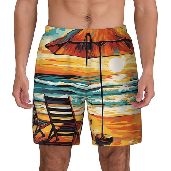 Kdxio Beach Umbrella Sunset Print Men's Swim Trunks with Compression Liner 7 Inch Inseam Quick Dry Swim Shorts