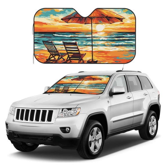 Kdxio Beach Umbrella Sunset Print Windshield Sun Shade, Foldable Sun Blocker for Car,Truck,SUV Automotive Interior Sun Protection,Reflective Shade for Front Windshield(Small)