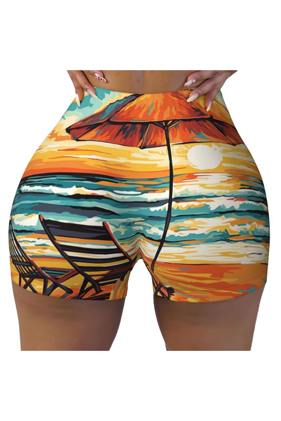 Beach Umbrella Sunset Print Workout Shorts for Women Seamless Soft Smooth Gym Yoga Scrunch Active Shorts