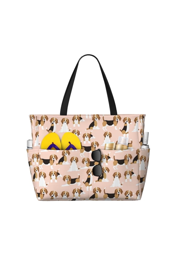 Beagle Dog On Brown for Beach Bag for Women Large Beach Tote Bag Waterproof Sandproof Swim Bag with Zipper Pockets Beach Vacation Travel