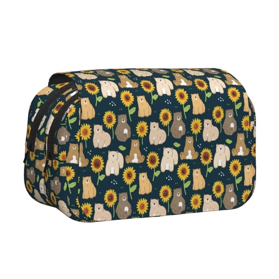 Kdxio Bear Sunflower for Double Compartment Pen Case Oxford Organizer with Zipper Pockets for Students Artists