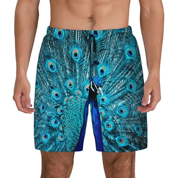 Kdxio Beautiful Blue Peacock Print Men's Swim Trunks with Compression Liner 7 Inch Inseam Quick Dry Swim Shorts