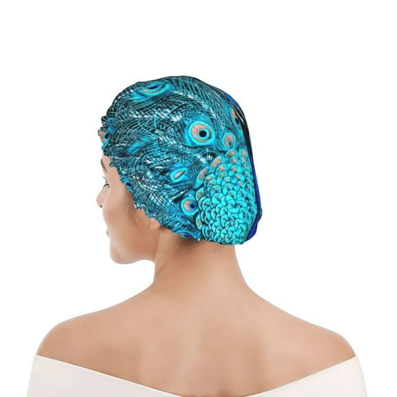 Kdxio Beautiful Blue Peacock Print Shower Cap for Women,Elastic and Reusable,Double Waterproof Layers Bathing Hat