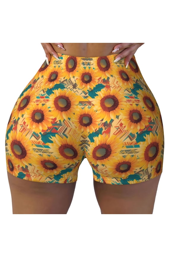 Beautiful Bohemian Sunflower Print Workout Shorts for Women Seamless Soft Smooth Gym Yoga Scrunch Active Shorts