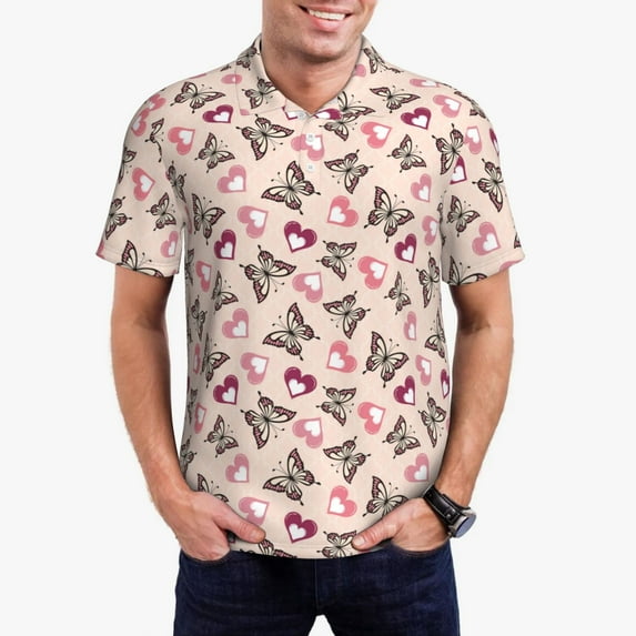 Kdxio Beautiful Butterflies and Hearts Print Men's Short Sleeve Polo Shirt,Midweight Men's Shirt
