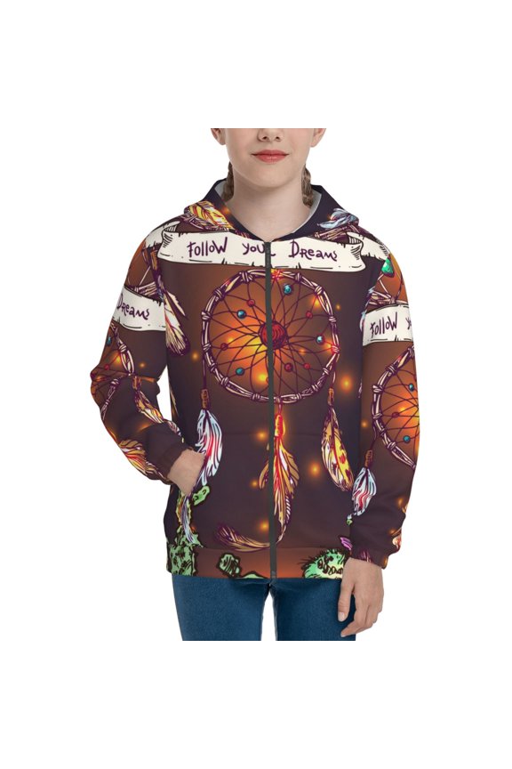 Beautiful Dreamcatcher1 Pattern Kids Boys Girls Zip Up Hoodie 3D Printed Hooded Sweatshirt Hoody Coat with Pocket 7-12 Y-Medium