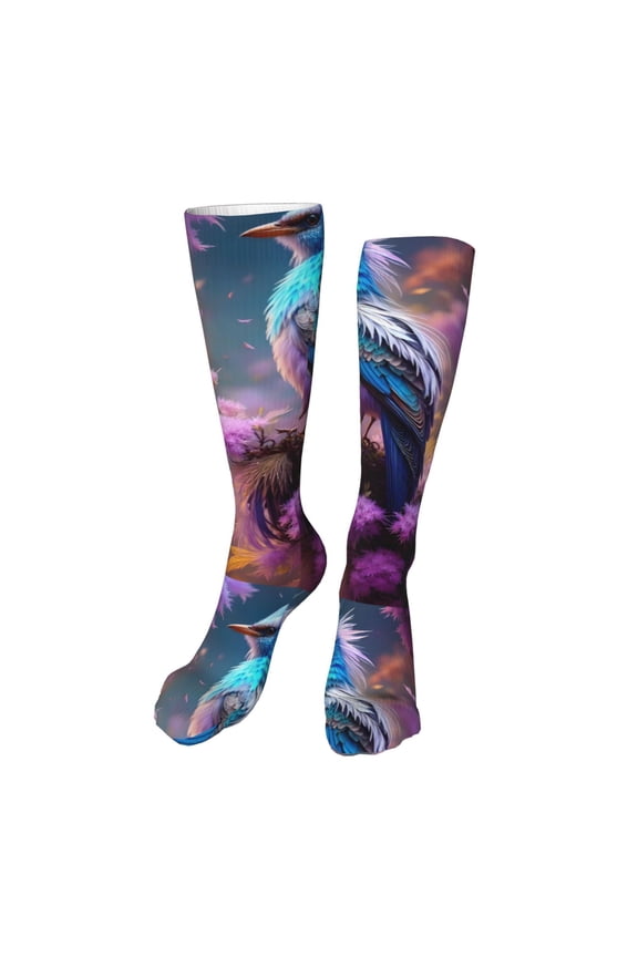 Beautiful Flower Blue Bird Funny Silky Novelty Funky Long Knee High Socks Soft 3D Print Cosplay Crazy Stockings for Men Women