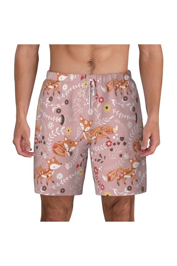 Beautiful Fox Print Men'S Swim Trunks With Compression Liner 7 Inch Inseam Quick Dry Swim Shorts