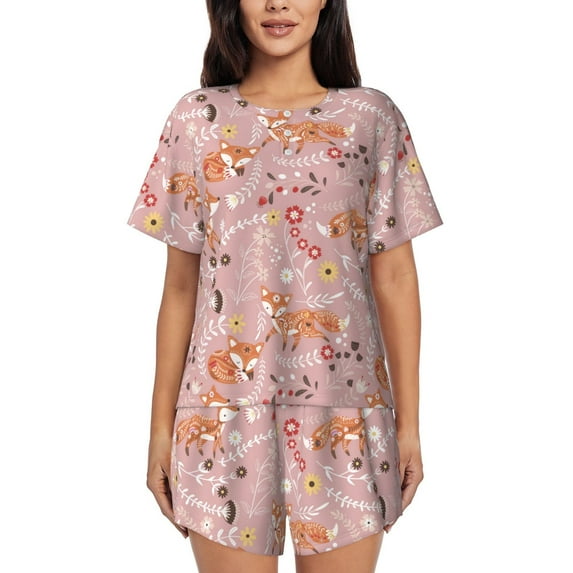 Kdxio Beautiful Fox Print Pajamas Sets for Women Short-Sleeved Pjs with Lounge Shorts Two Piece Sleepwear S-4XL