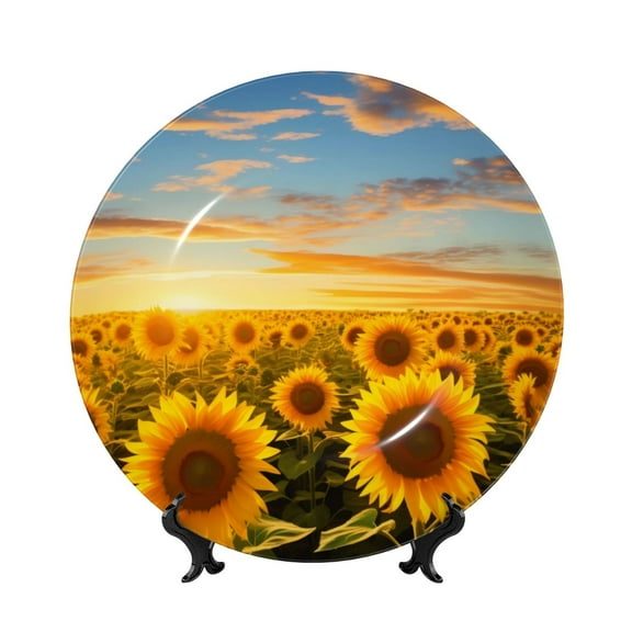 Kdxio Beautiful Golden Sunflower Field Bone China Decorative Plate Ceramic Decorative Plate for Home Office Wall Stand Decorative Plates for Home Bedroom-6in