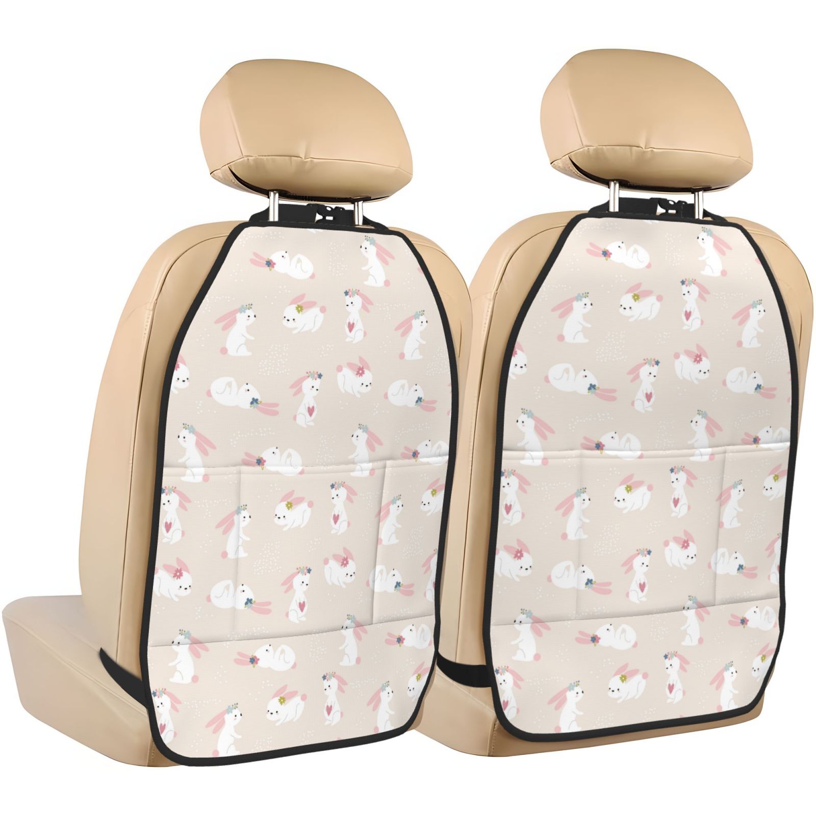 Kdxio Beautiful Rabbit Print 2 Pack Car Kick Mat Seat Cover Back Protector Mat with Pockets for Organizer Backseat Protector and Storage Anti Kick Pad for Vehicles