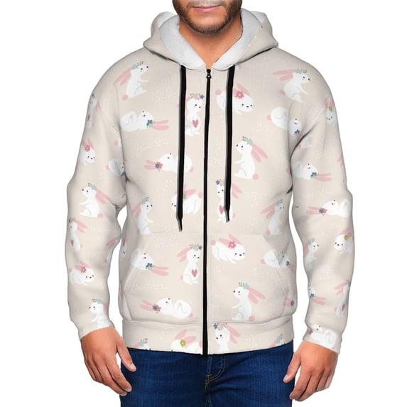 Kdxio Beautiful Rabbit Print Men Hoodies Casual Hoodies for Men with Zip Pockets Full Zip Long Sleeve Sweatshirt Sports Hooded Jacket-Small