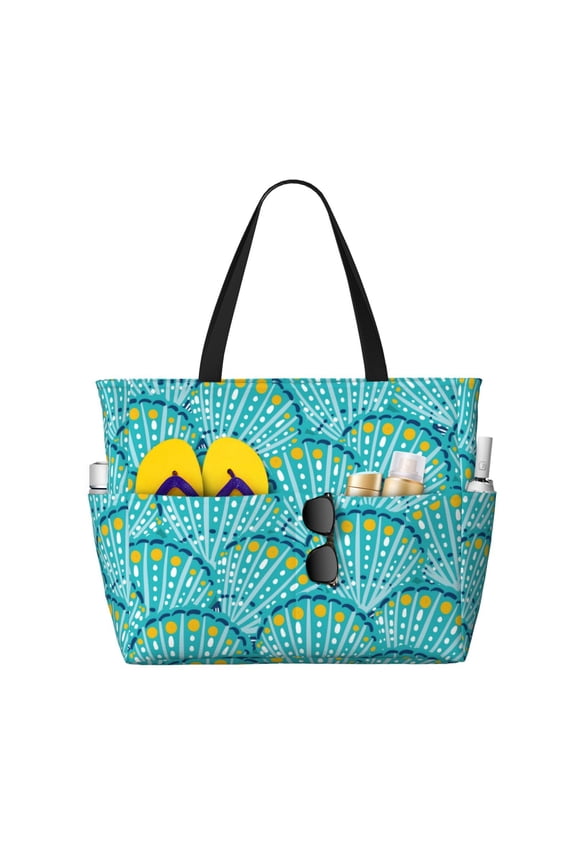 Beautiful Seashells for Beach Bag for Women Large Beach Tote Bag Waterproof Sandproof Swim Bag with Zipper Pockets Beach Vacation Travel