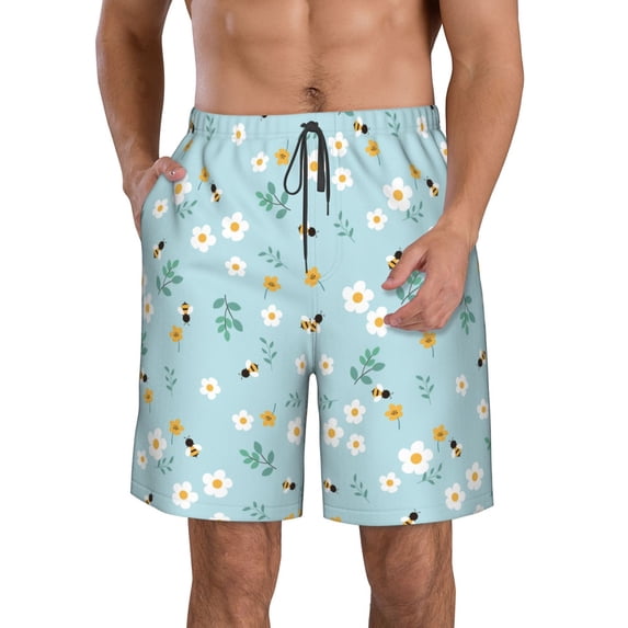 Kdxio Bee Flower Pattern Mens Casual Shorts - Drawstring Summer Beach Sports Shorts for Men
