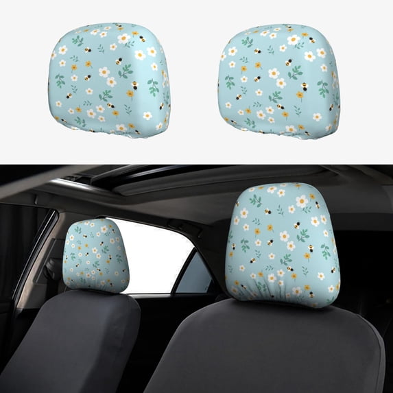 Kdxio Bee Flower Pattern Print 2 Piece Car Head Rest Covers Set Auto Front/Rear Seats Headrest Cover Universal Fit Most Cars,Sedan, SUV