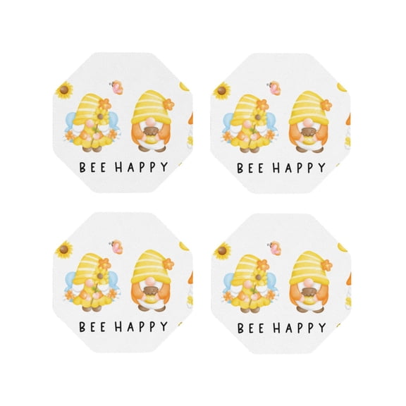Kdxio Bee Happy Sunflower Gnomes Funny Coasters,4 Pcs Leather Coasters,Housewarming Gifts,Protect Furniture from Water Marks Scratch and Damage