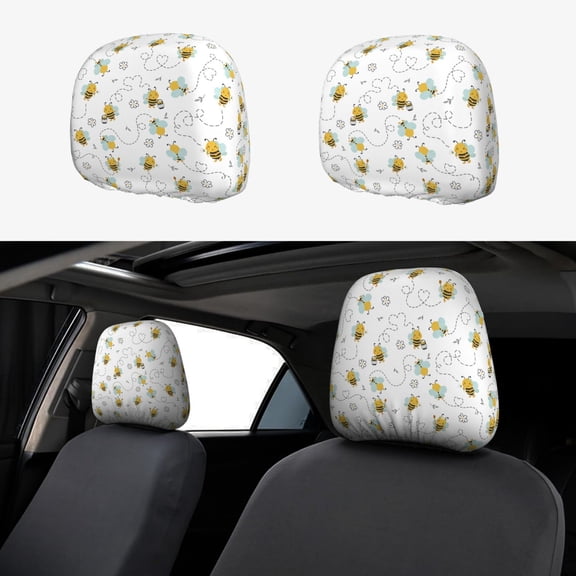 Kdxio Bee Pattern Print 2 Piece Car Head Rest Covers Set Auto Front/Rear Seats Headrest Cover Universal Fit Most Cars,Sedan, SUV