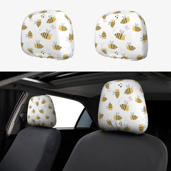Kdxio Bee Pattern Print 2 Piece Car Head Rest Covers Set Auto Front/Rear Seats Headrest Cover Universal Fit Most Cars,Sedan, SUV