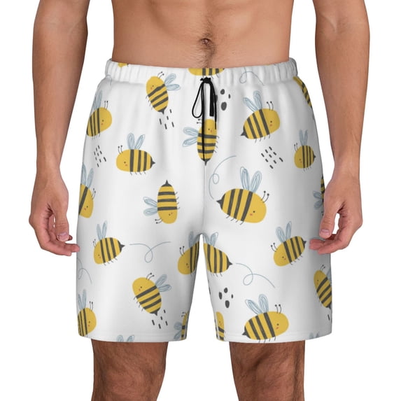 Kdxio Bee Print Men's Swim Trunks with Compression Liner 7 Inch Inseam Quick Dry Swim Shorts